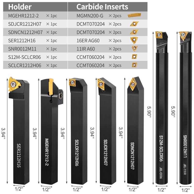IWONGO Lathe Turning Tool Kit, 7pcs 1/2'' Indexable Metal Lathe Tool Holders with 14pcs Carbide Inserts, for Turning, Boring, Grooving, Cutting & Threading, for Professionals & DIY Enthusiasts - Image 2
